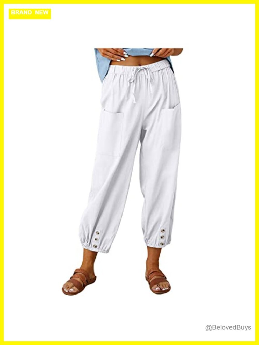 Larmliss 100% Cotton Capri Pants High Waist Drawstring Cinch Bottom Casual